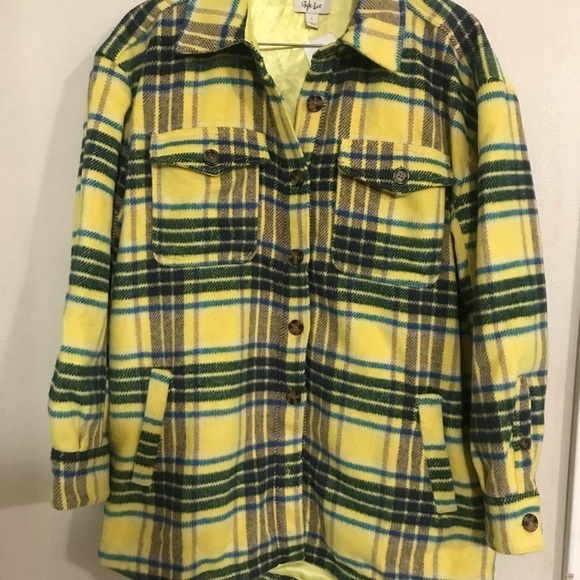 Style & Co Shacket retro style Sz L NWT front pockets yellow plaid - Picture 4 of 4